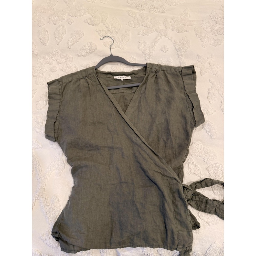 Frame Shirt Womens Large Green 100% Linen Wrap Tie Short Sleeve V-Neck Blouse